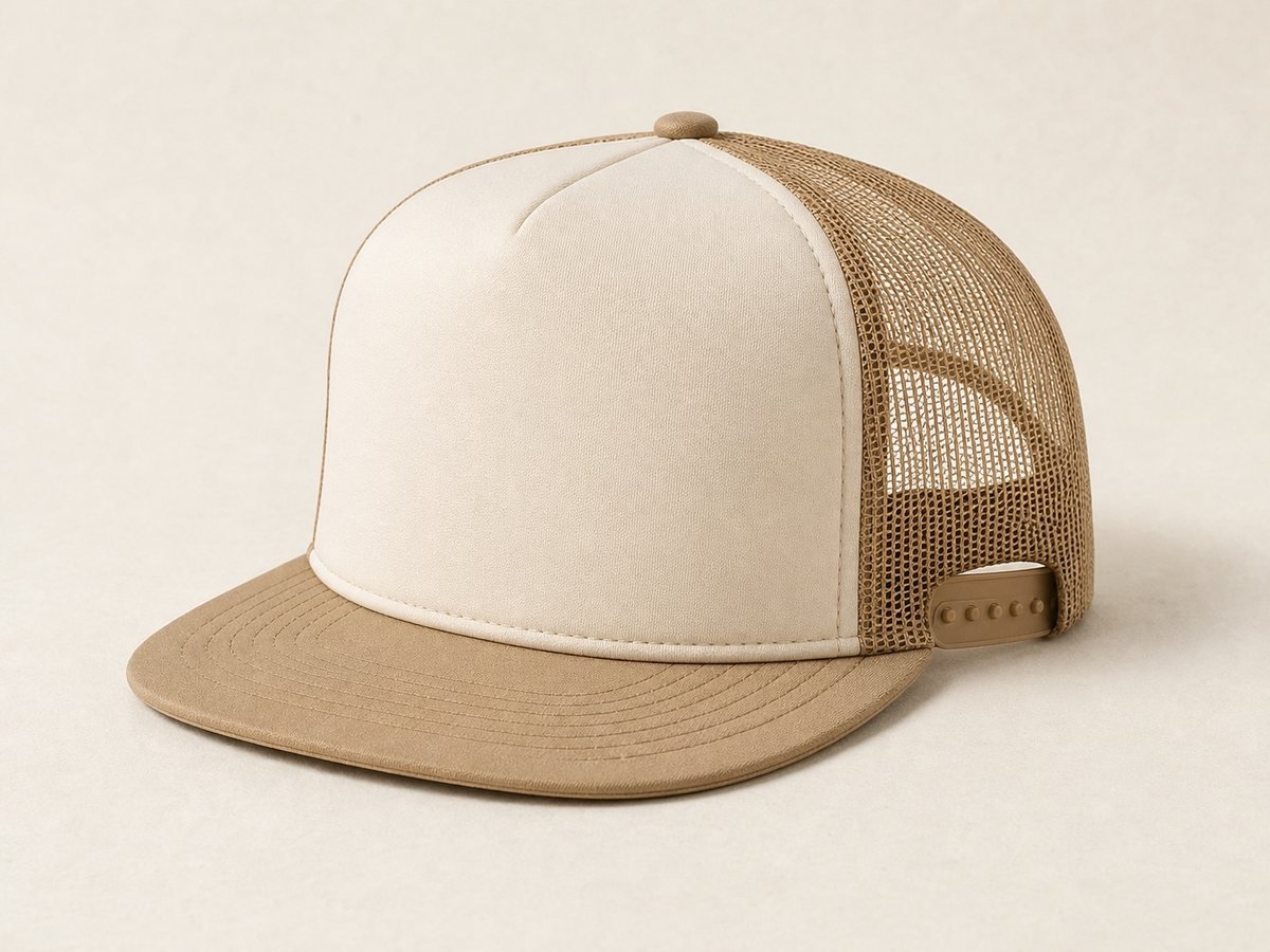 Custom foam-front trucker cap, three-quarter view