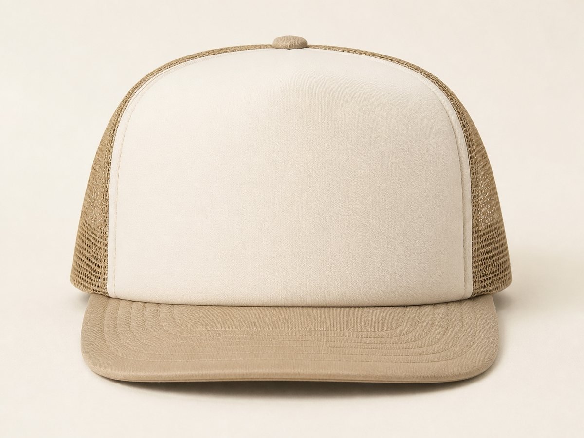 Trucker cap front elevation showing the full print area