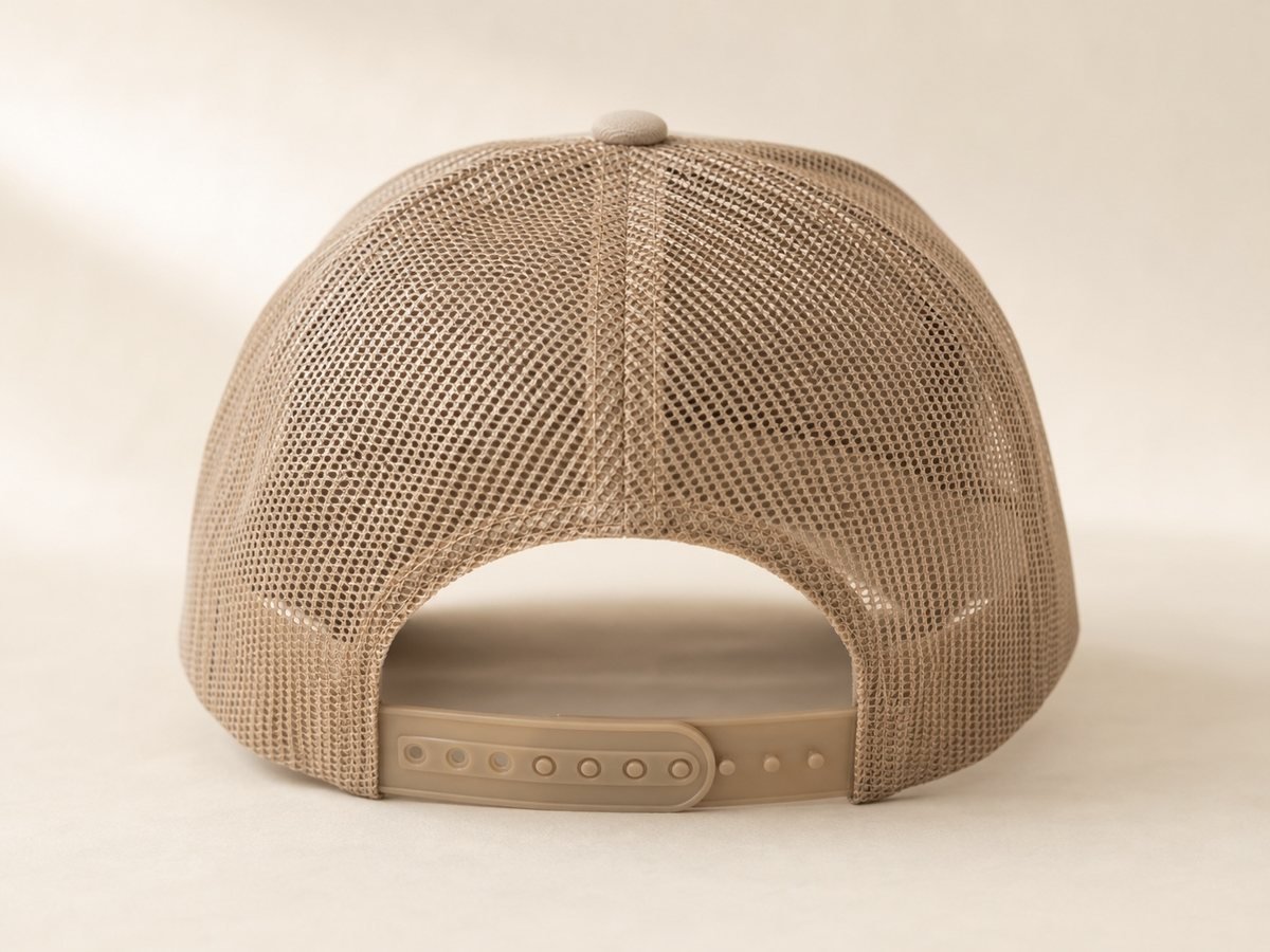 Trucker cap rear view with mesh back panels and snap closure