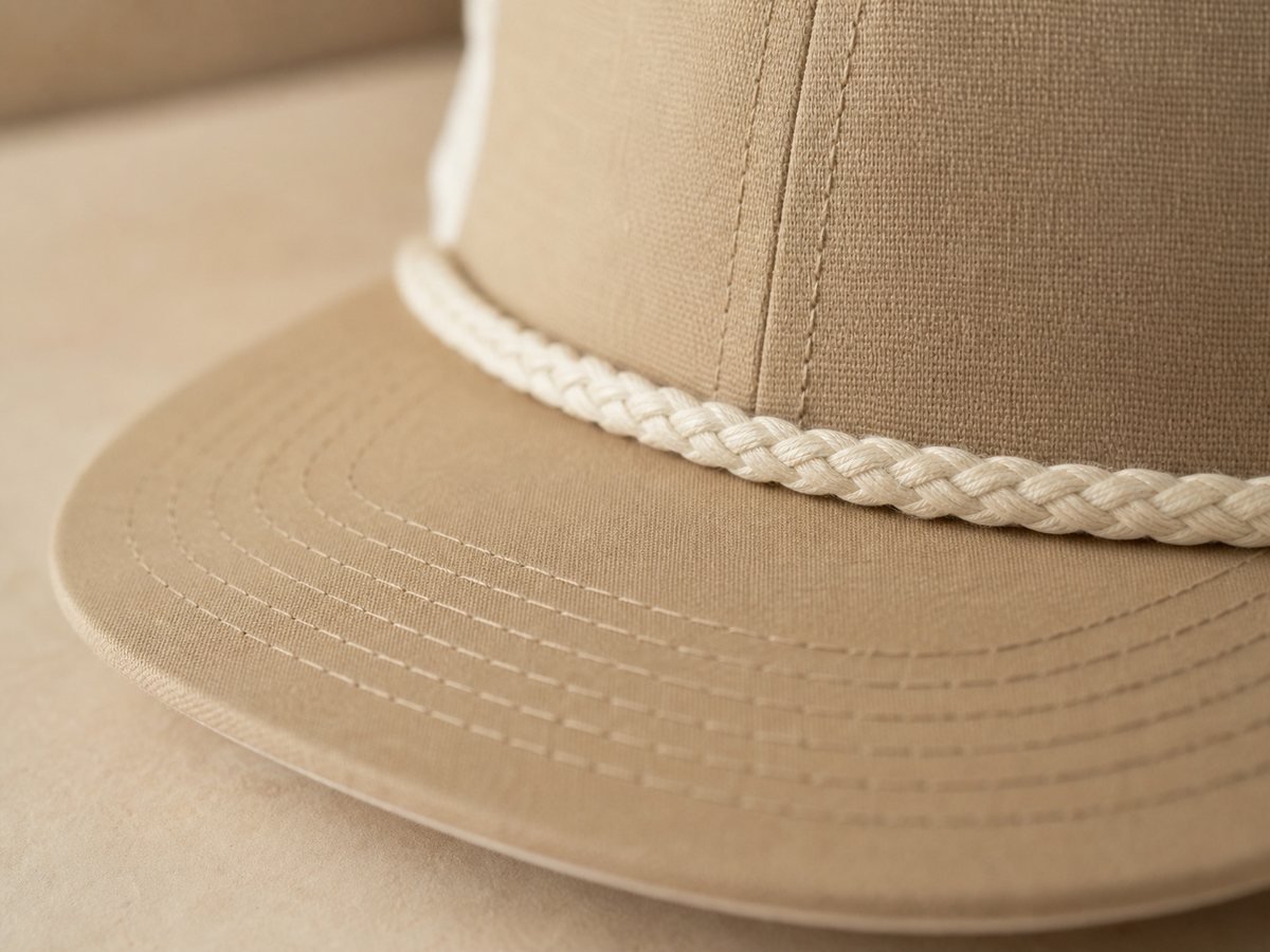 Close-up of trucker cap brim stitching and braided rope trim