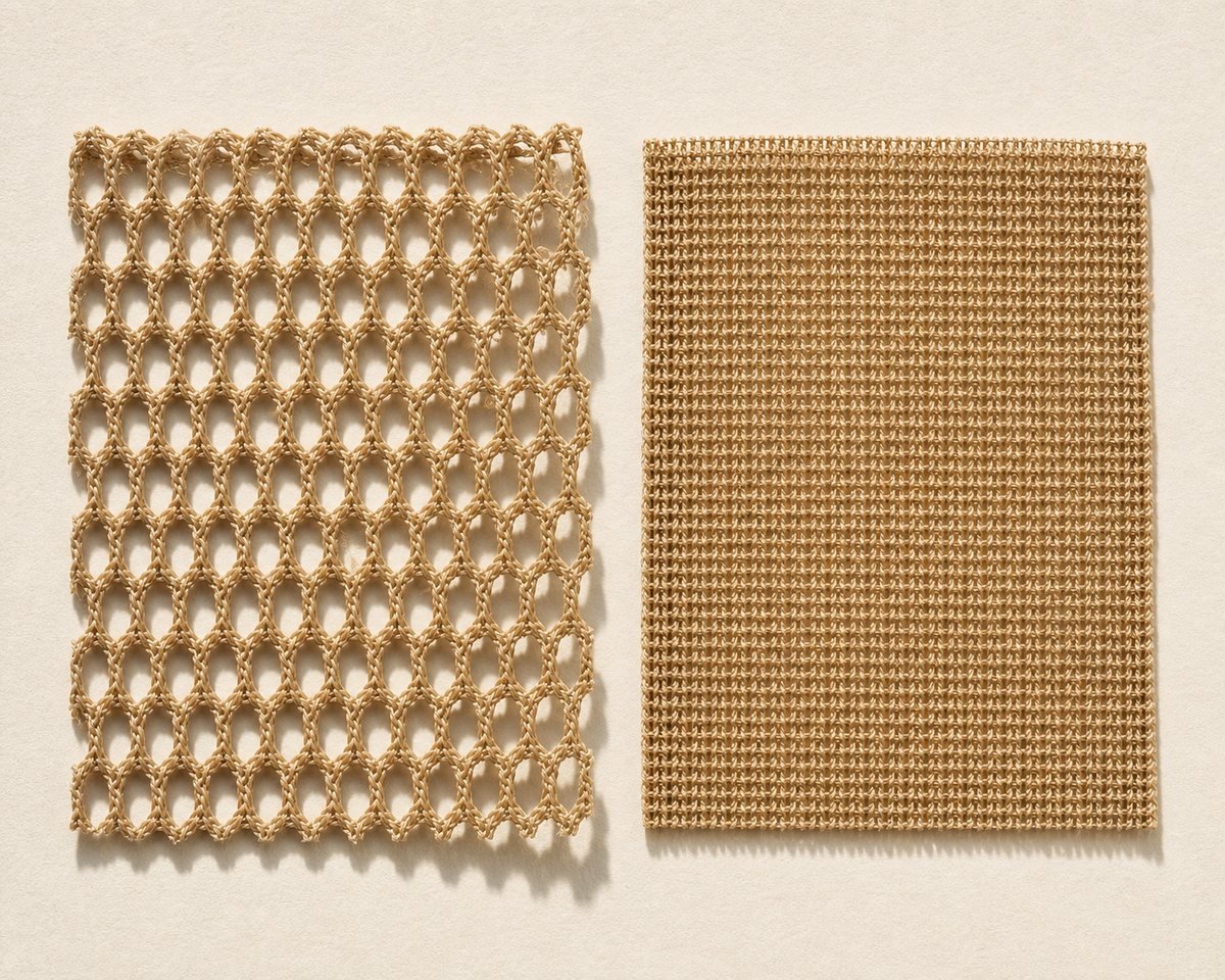 Open-gauge and fine-gauge cap mesh compared side by side