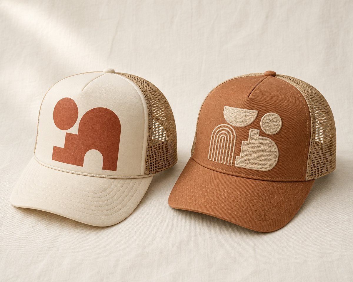 Screen-printed foam front cap next to an embroidered twill front cap
