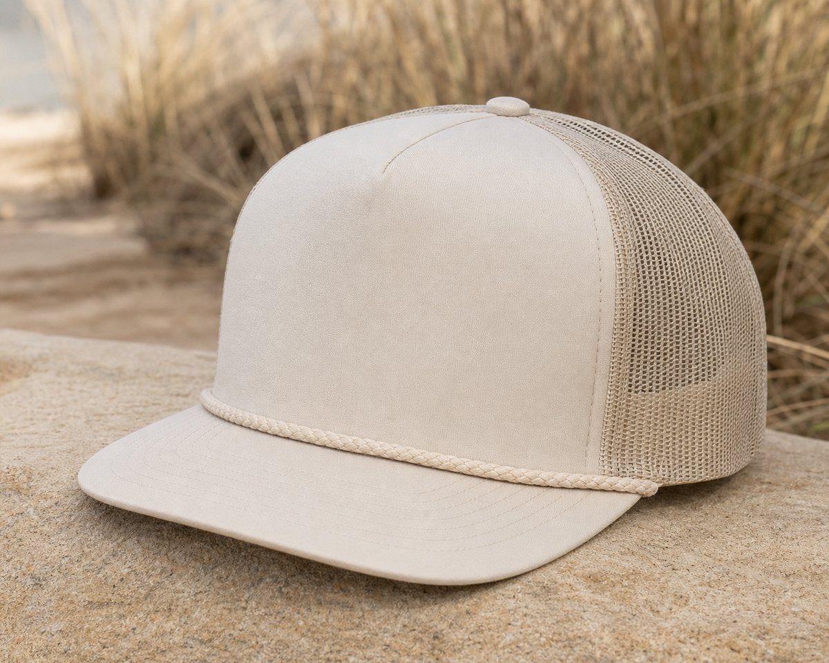 Trucker cap with braided rope across the brim, outdoors