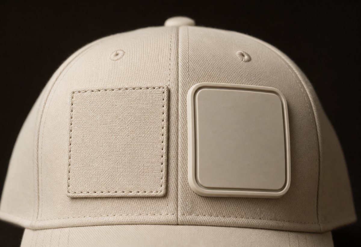Woven patch and moulded PVC patch on a cap front