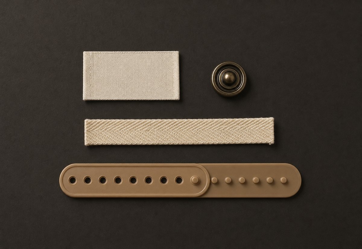 Cap trims: woven label, metal snap, twill taping and snap closure