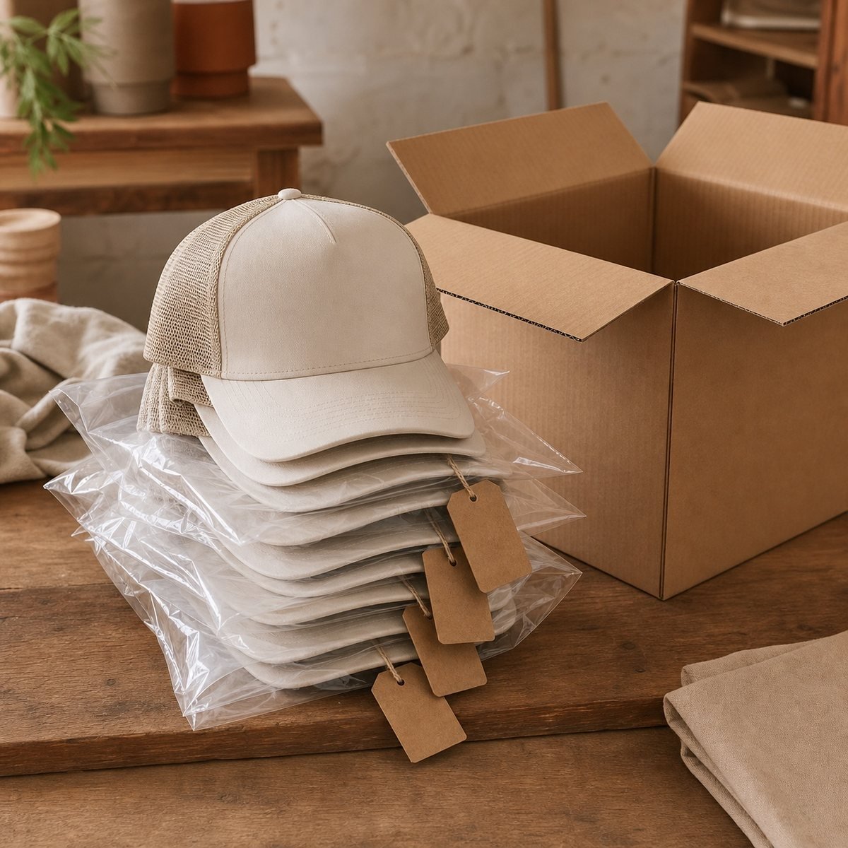 Finished trucker caps polybagged and tagged beside a shipping carton
