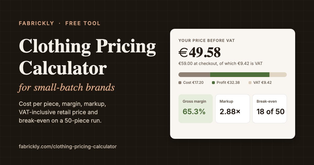 Clothing pricing calculator showing price before VAT, margin, markup and break-even for a 50-piece run