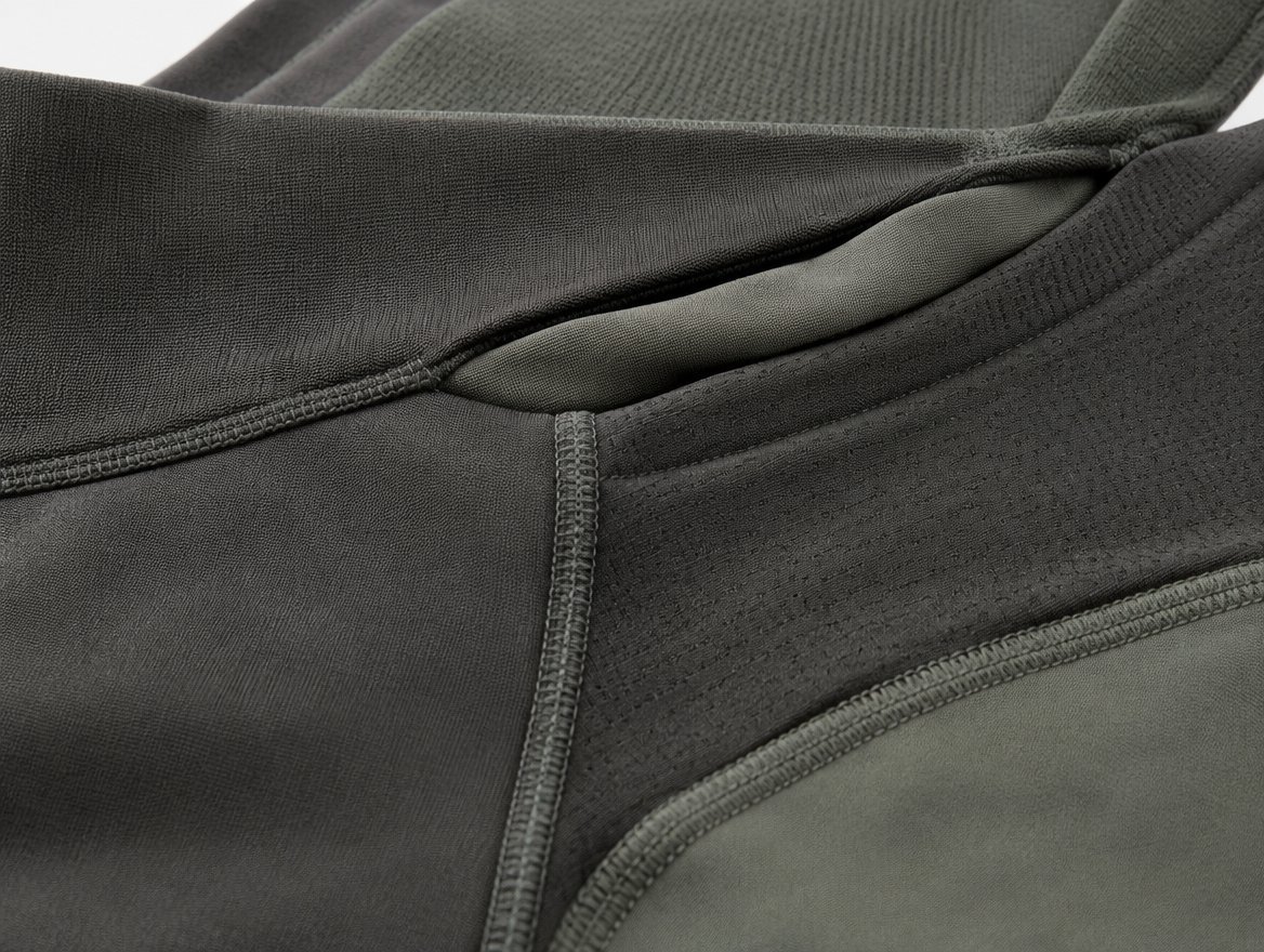 Activewear construction detail: flatlock seams and technical stretch fabric