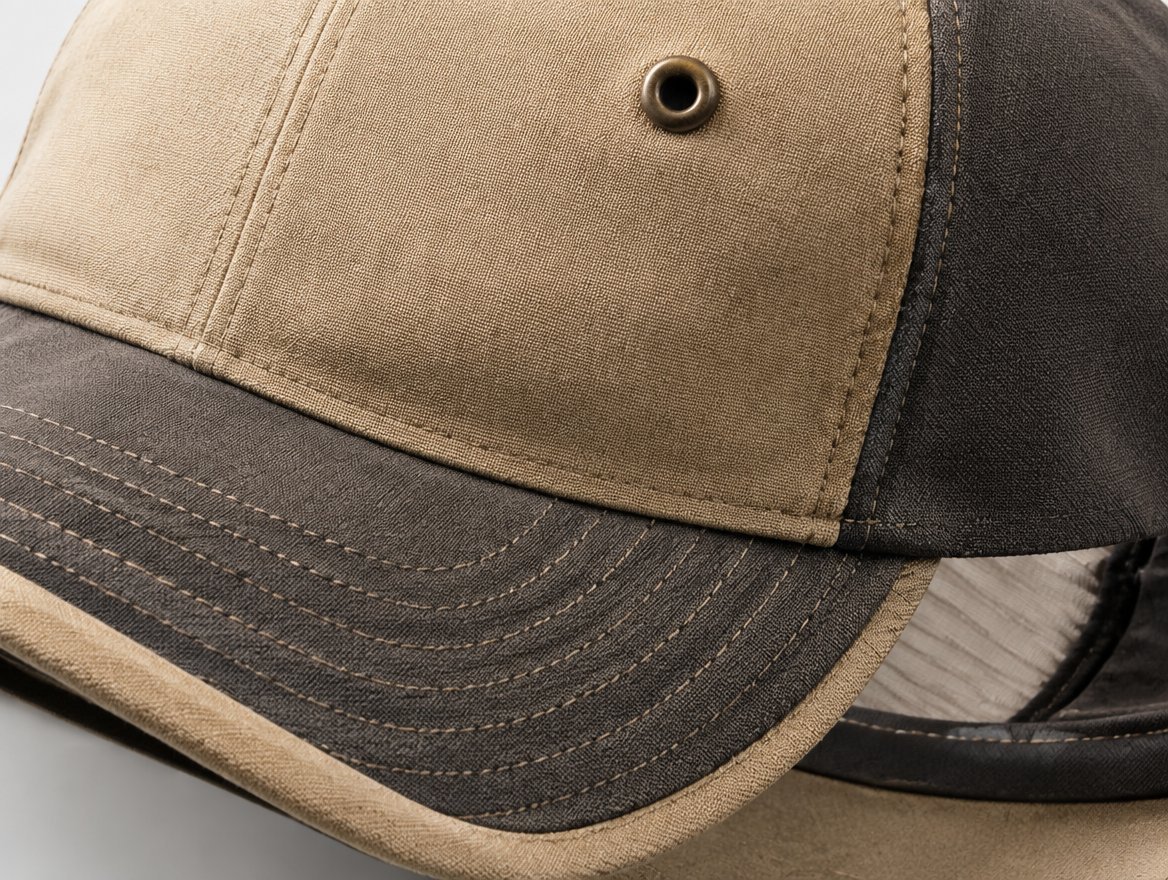 Cap construction detail: panel stitching and eyelet
