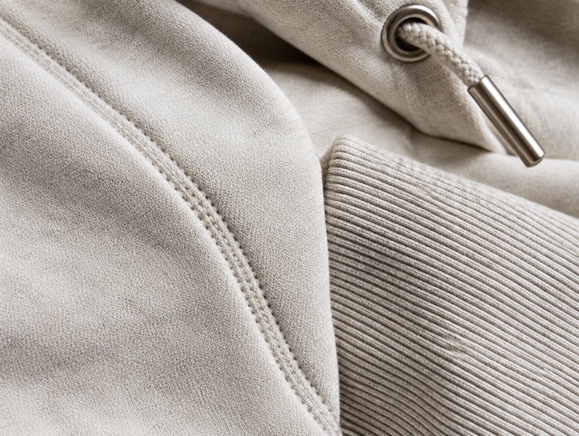 Hoodie construction detail: stitching, cuff and drawcord