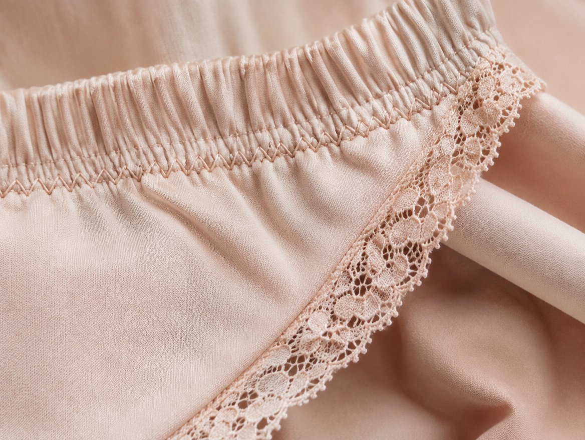 Lingerie construction detail: elastic waistband and lace trim