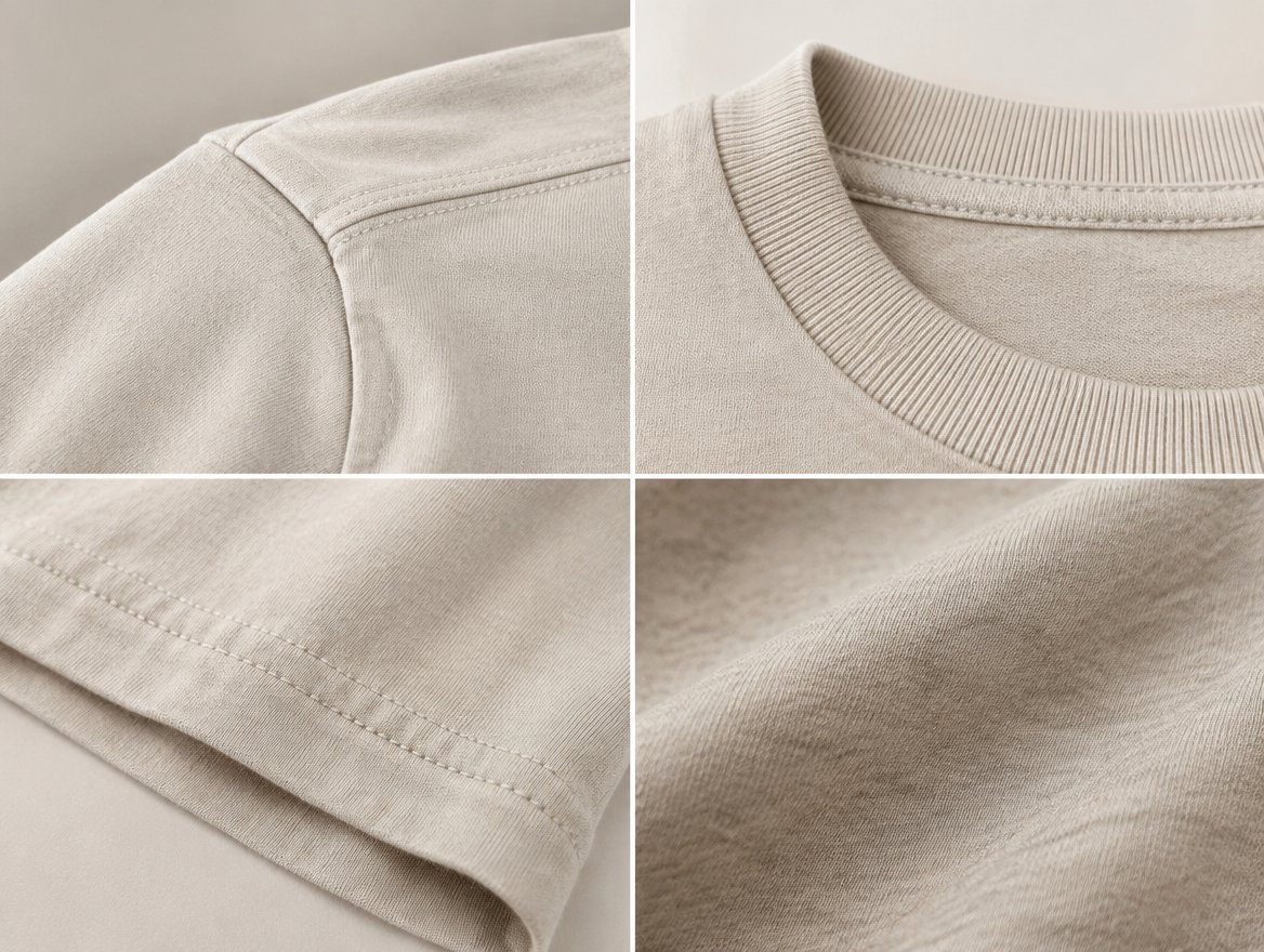 T-shirt construction detail: collar, seam and hem